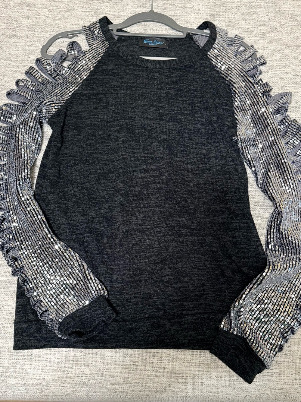 Kensie Black Sweater with Silver Sequin Raglan Sleeve Detail